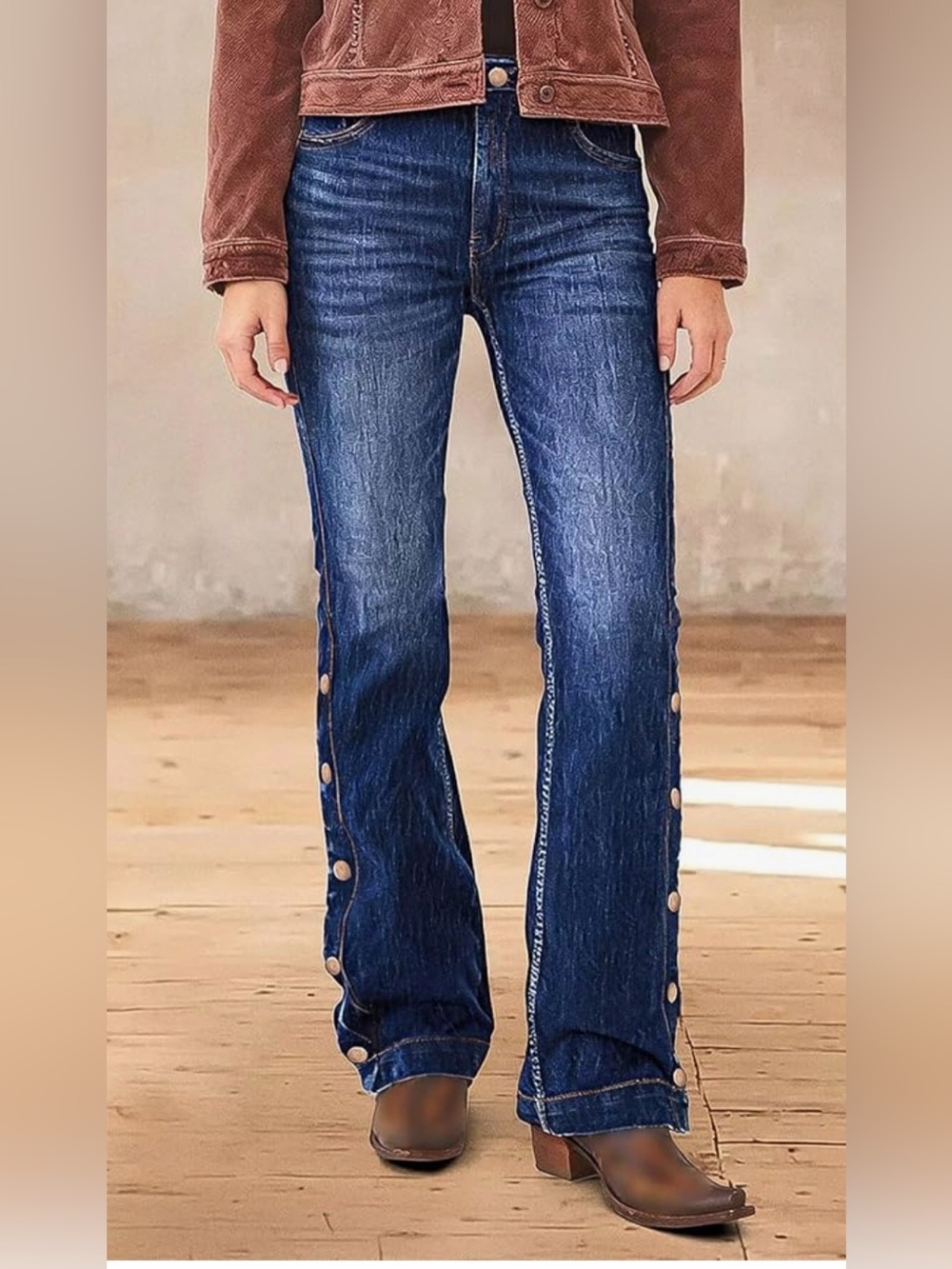 Flamingals Women's Buttoned Hem Bootcut Jeans Mid Waist Casual Pants